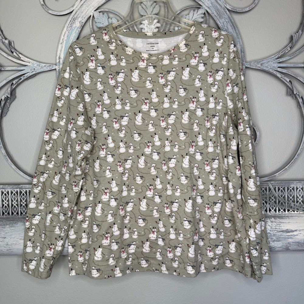 Croft & Barrow Womens 1X Snowman Print Long Sleeve Cotton Tee Sage Green Holiday